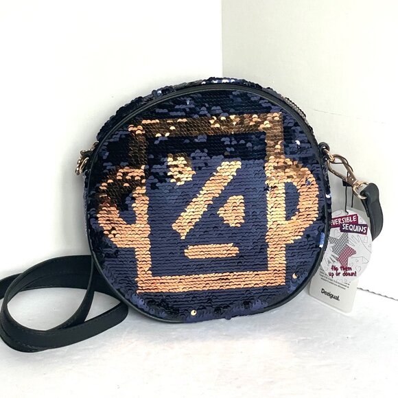 Desigual Round Crossbody Bag Purple Robot Reversible Sequins Shoulder - Picture 3 of 10